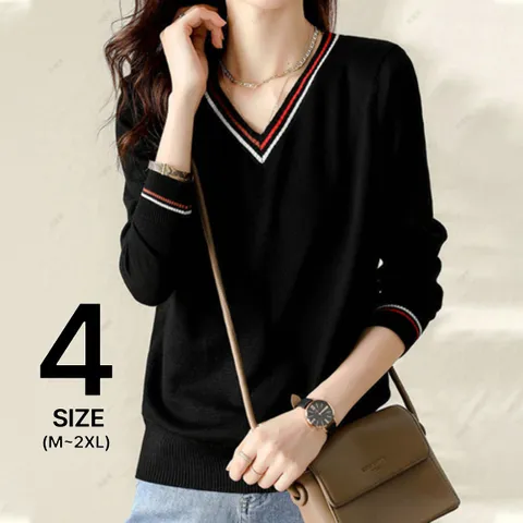 [브리치] 나바바 / NK709 여성 데일리 배색 브이넥 니트티