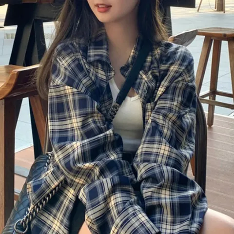 남방 긴팔셔츠 루즈핏 기본 오버핏 네이비 셔츠 무늬 블라우스 베이직 체크 긴팔 여성