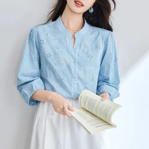 [브리치] 제로투올샵 / 브이넥 자수 7부 소매 셔츠 여름블라우스 스카이블루