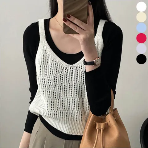 여름 트렌디 니트 뜨개 그물 뷔스티에 조끼 레이어드 그물조끼 니트조끼 그물뷔스티에