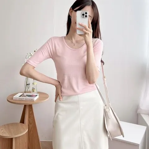 [하프클럽/옷자락]여자 여름 골지 레이온 쫀쫀 반팔티셔츠