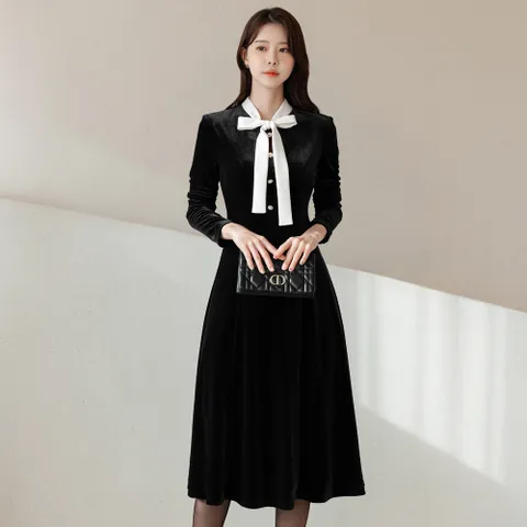 [시크라인] (~XXL까지) 모아덴 벨벳 배색 타이 넥 원피스 겨울 데이트룩 오피스룩 하객룩 연말룩 모임룩 빅사이즈