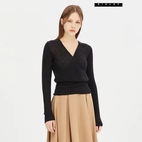 시슬리 모헤어 레이스 랩 니트 SAKP42361_BK