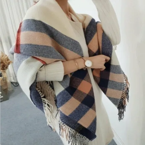 [애슬릿] 빅 체크 중년 여성 겨울 방한 어깨 숄 머플러