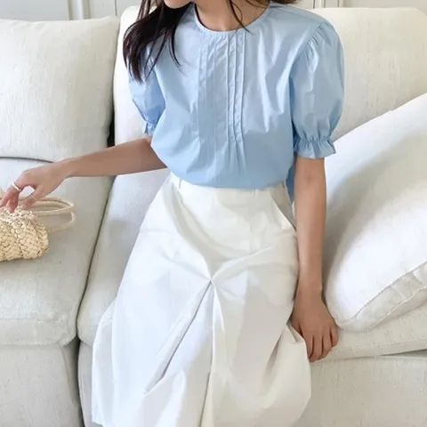 |KDH24AE|라뎌가 여성 플리츠 숏슬리브 주름디테일 핀턱 프릴장식 블라우스 볼륨_18158453_597559