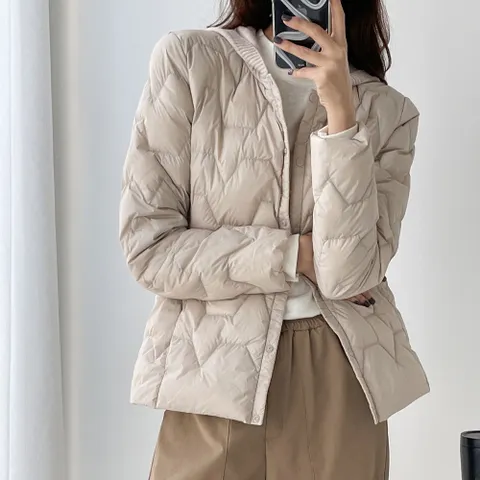 여성 덕다운 니트후드 경량 숏 패딩 점퍼 오리털 아우터