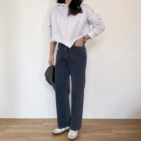 [옷자락] 여자 기모청바지 일자 순면 세미와이드 데님팬츠