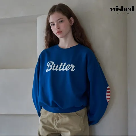 버터 레터링 소매 패치 포인트 맨투맨 티셔츠 (WIBCTS015)