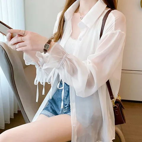 직장인 시스루 화이트 루즈 소매 리본 셔츠 블라우스 직장인코디 프릴셔츠 리본셔츠 스트링셔츠