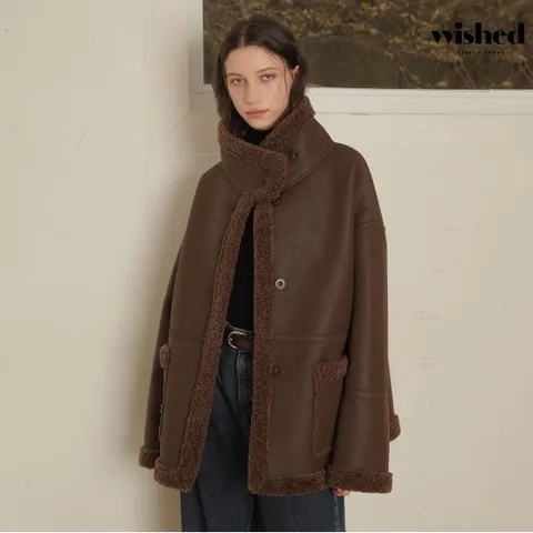 하이넥 버튼 레더 무스탕 양털 하프 자켓 (WIBDJK007)