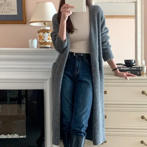 여성 루즈핏 라쿤 폭스 포켓 브이넥 니트 롱 가디건