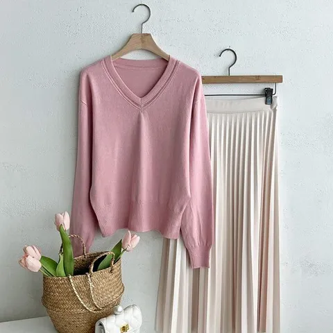 [하프클럽] 하운드 여성 레귤러 V넥 봄 여름 간절기 나들이 긴팔 니트 DGB-WKN-3110-핑크