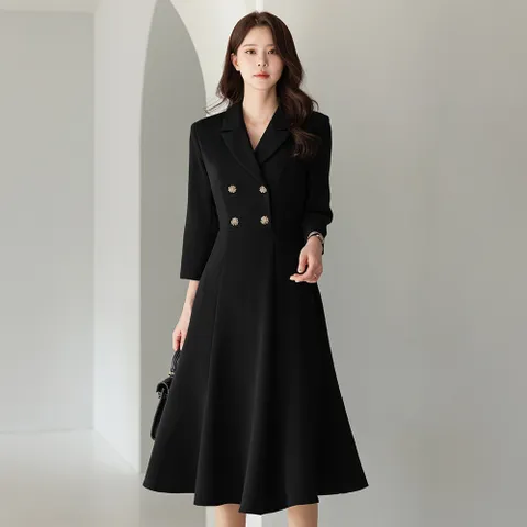 [시크라인] (~XXL까지) 유온 카라 더블버튼 플레어 원피스 봄 가을 오피스룩 하객룩 데이트룩 모임룩 미시룩 빅사이즈