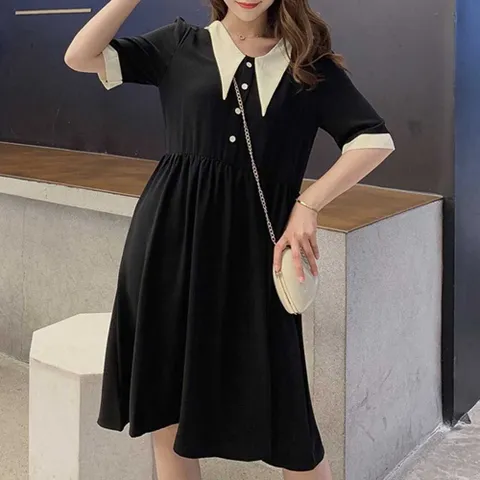 배색카라 A라인원피스 미디기장 세련 오피스룩 하객룩