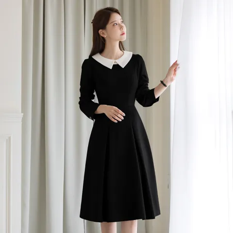 [시크라인] (~XXL까지) 에이델라 배색 플랫카라 퍼프소매 플레어 원피스 가을 하객룩 오피스룩 모임룩 격식룩 빅사이즈