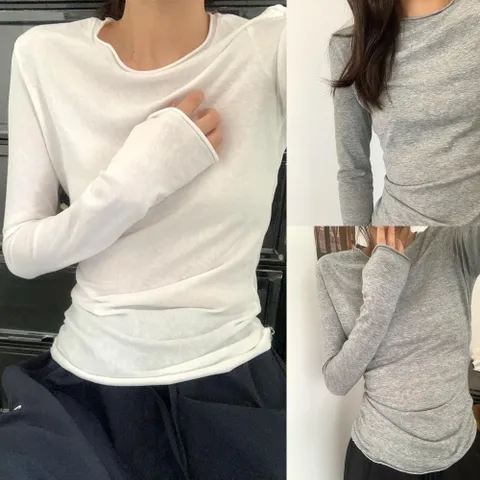 [다잇템] 여성 둥근밑단 롱슬리브 U넥 코튼 티셔츠
