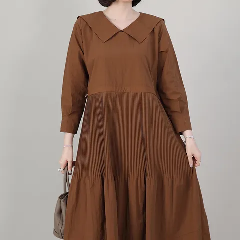 애비뉴투지 엄마옷 쎄라 플리츠 세일러 카라 허리끈 얇은 여성 봄 가을 긴팔 롱 원피스 O10231 50대 60대