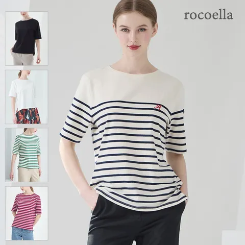 [로코엘라] 라이크 스트라이프 로고 자수 티셔츠 5종택1