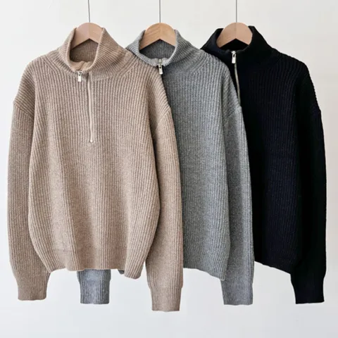 여성 도톰한 오버핏 반집업 니트 1P 스웨터 데일리룩 여성반집업니트 여성오버핏니트