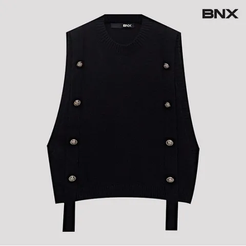 정상가59,000 | 페이크 버튼 스트링 트임 니트 베스트 (BV3VT008L0)