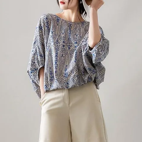 여성 루즈핏 여름 라운드넥 반팔 패턴 블라우스 블루 여름블라우스 반팔블라우스 여성블라우스