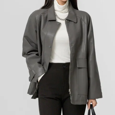 [옷자락] 여성 봄자켓 유니크 탄탄가죽 더블포켓 가죽 점퍼