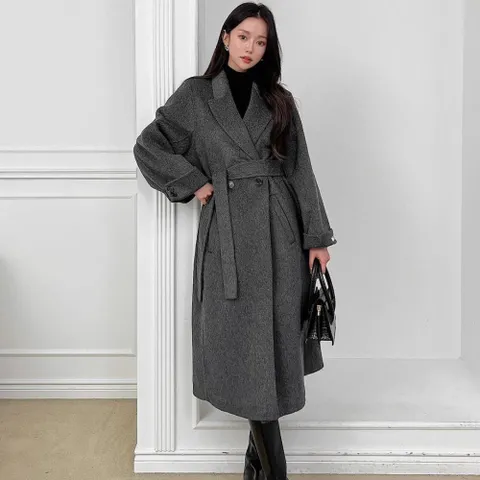 여성 겨울모직 뒷트임 핸드메이드 벨티드 모던 롱코트_3