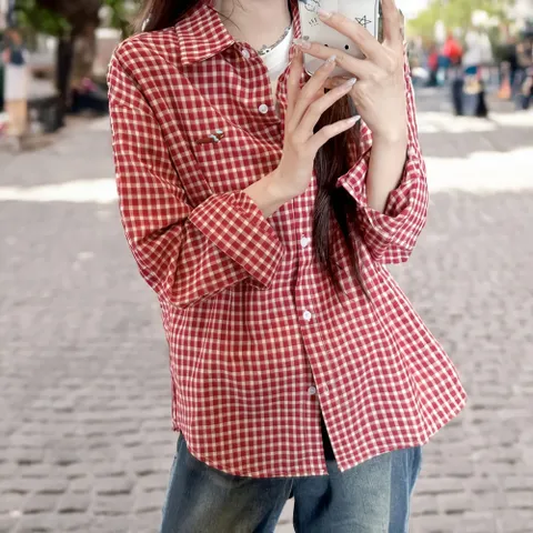 여성 레드 시크 카라넥 체크 긴팔 셔츠 빈티지