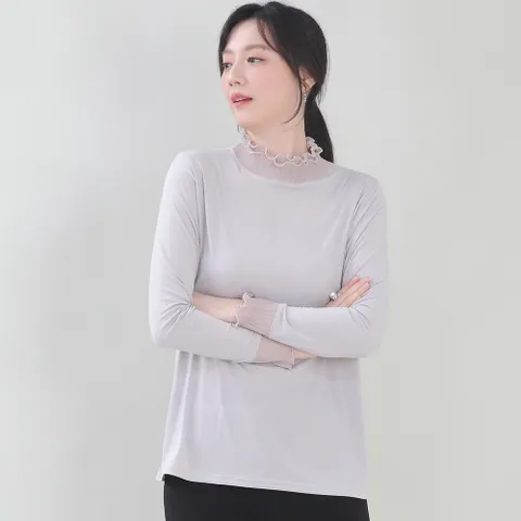 애비뉴투지 엄마옷 투 셔링 시스루 플리츠 반목 여성 봄 가을 긴팔 이너 블라우스 B11402