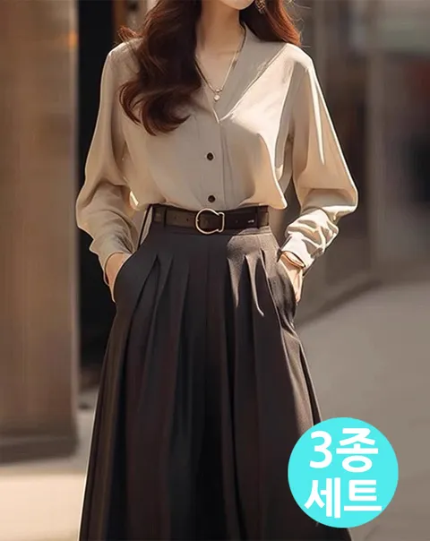 [예쎄] (3종SET)Y넥 솔리드 셔츠+뒷밴딩 스커트+벨트 (S5FSE007A)