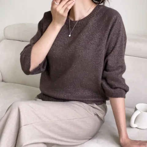 [옷자락] 여자 스카시 파인울 폭스 라운드넥 칠부티 글리터 니트