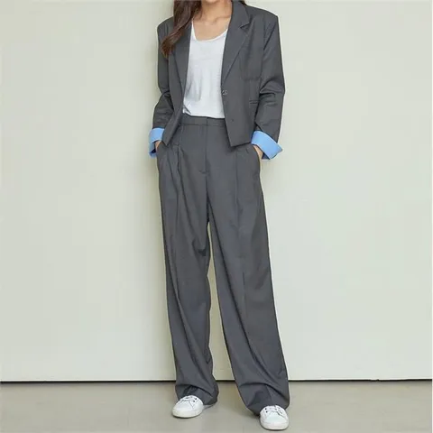 크롭 자켓 핀턱 슬랙스 팬츠 배색 세트 정장 수트 (9972663)