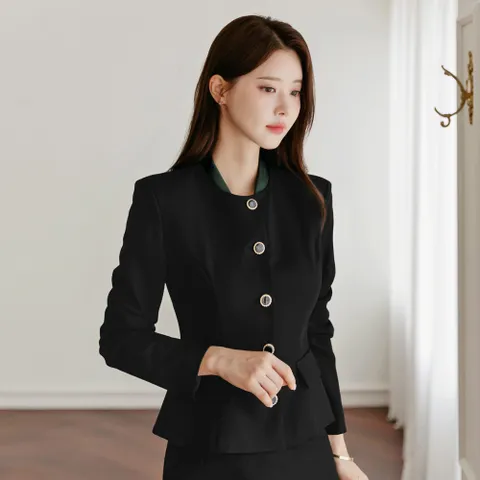 [시크라인] (~XXL까지) 엔조 노카라 블랙 유광버튼 플랩 투피스 셋업 자켓 봄,가을 하객룩 오피스룩 격식룩 데이트룩