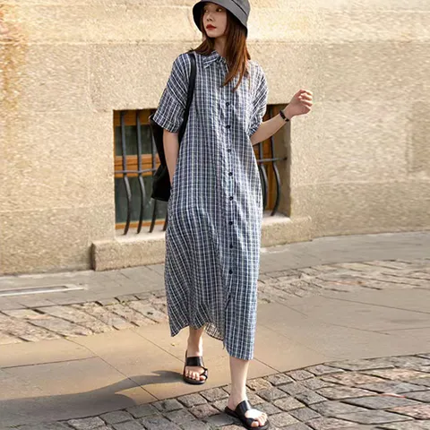 256006 - 지지미 체크셔츠 롱원피스 빅사이즈 여름원피스 린넨원피스 면원피스 40대 50대 100사이즈 인견원피스 나시원피스