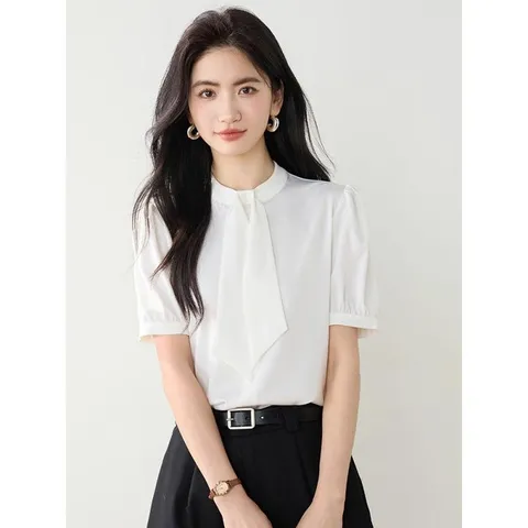 [브리치] 제로투올샵 / 여성용 새틴 반팔 블라우스 리본 여름 의류 화이트