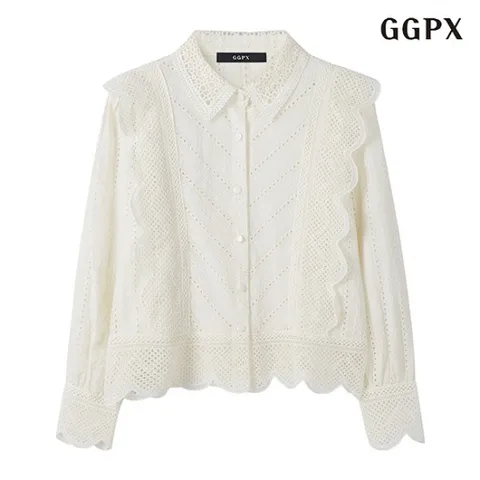 페미닌 펀칭 버튼업 프릴 긴팔 블라우스 (GOCBA010D)