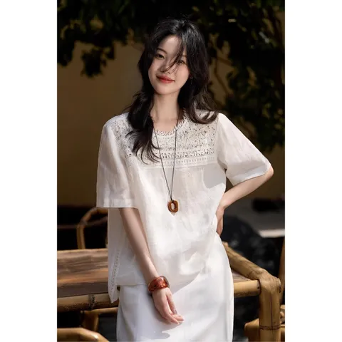 [브리치] 제로투올샵 / 여성 레이스 반팔 블라우스 여름 프릴 디자인  흰색