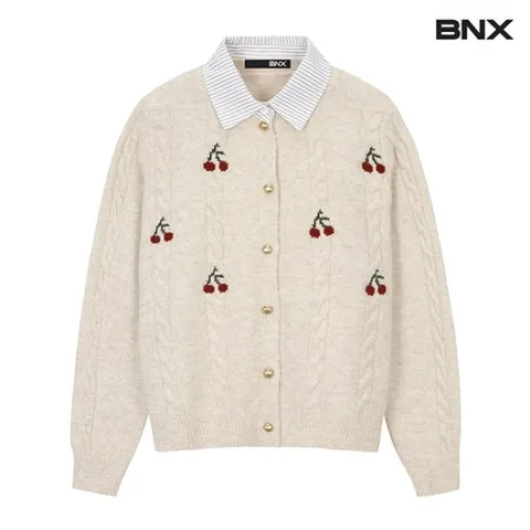 정상가79,000 | 앵두 자수 꽈배기 니트 카라 울 배색 가디건 (BW4CD020L0)