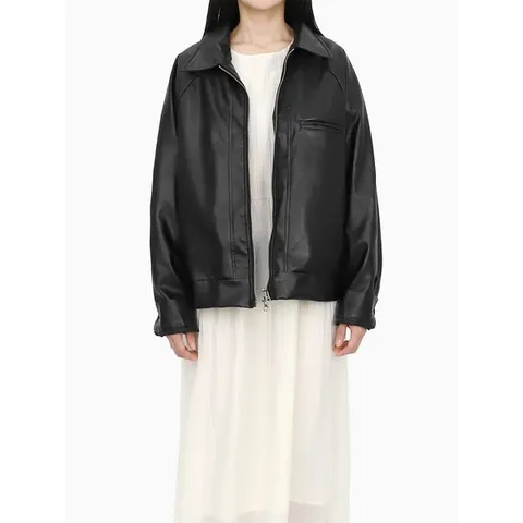 [하프클럽/엘케이트] 여성 가죽자켓 비건레더 오버핏 나그랑 카라 투웨이 아우터 LELI001