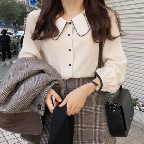 여성 봄 가을 둥근카라 블라우스 배색소매 긴팔 셔츠