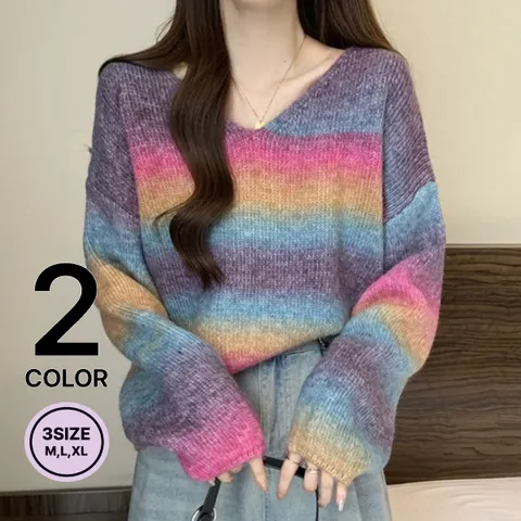 [브리치] 나바바 / 여성 레인보우 브이넥 긴팔 니트티 NK2759/ 2컬러/ 3사이즈