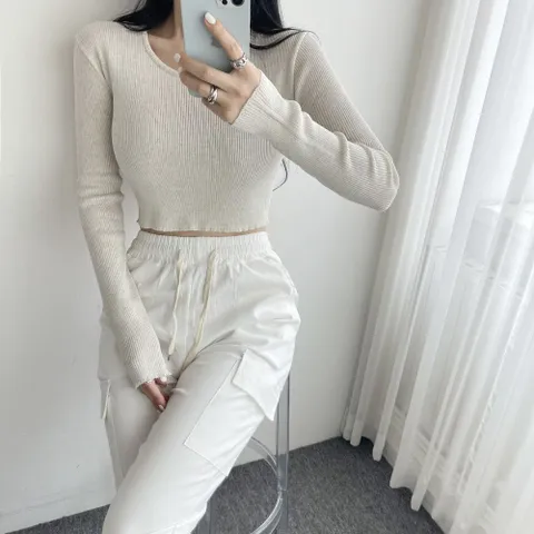 [브리치] 글램핏 / 여름 린넨 마 슬림핏 유넥 크롭 긴팔 니트 티 4컬러