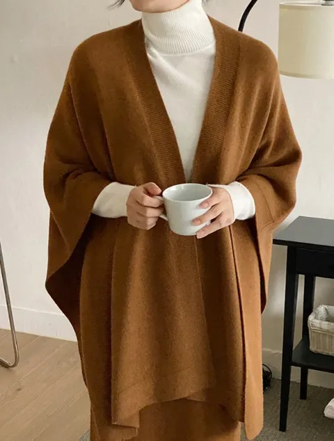 여성 홀가먼트 캐시미어 울 망토 숄 하프 니트 가디건