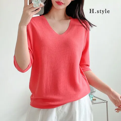 H스타일KNRN리치V니트티/여름/반팔/니트티셔츠/가디건/베스트/라운드/브이넥/조끼