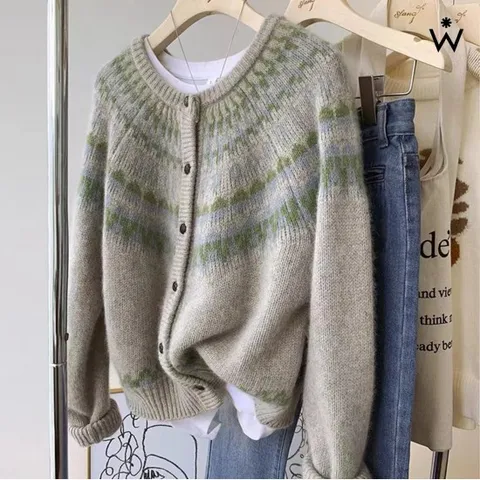 [위시드]래글런 라운드넥 컬러 패턴 니트 가디건 (WIACCD080)