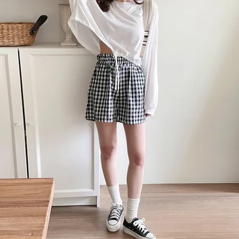 H스타일SET8802스트링루즈핏체크바지세트 봄 여름 여성 트레이닝복세트 홈웨어 반팔 츄리닝셋트 상하셋업 데일리 운동