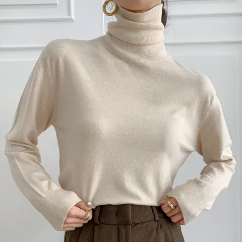 여성 울 무지 목폴라 기본 니트 티셔츠 간절기 부드러운 긴목 터들넥 이너티