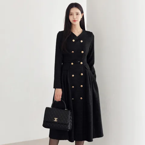 [시크라인] (~XXL까지) 블리즈 더블버튼 트위드 벨트 원피스 겨울 롱원피스 하객룩 오피스룩 격식룩 모임룩 연말룩