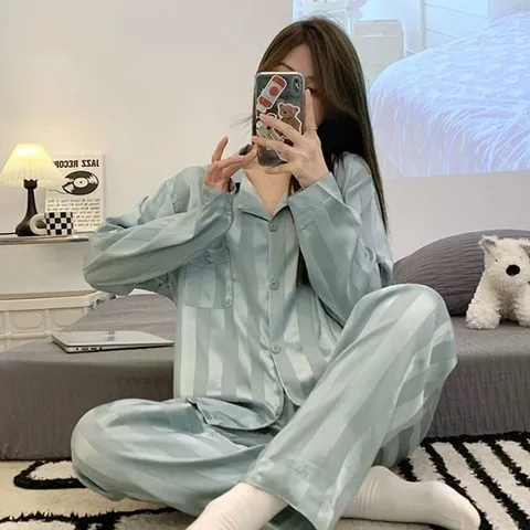 여성 수면잠옷 셋트 스트라이프 팬턴 파자마 꿀잠 여자잠옷 실크파잠바 파마자세트 순면잠옷