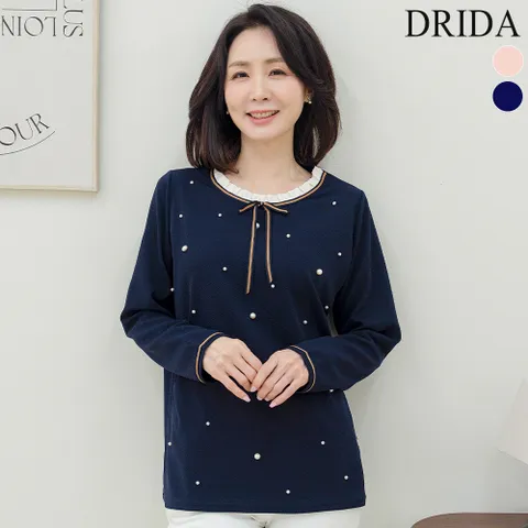 봄 가을 여자 진주 장식 리본 빅사이즈 티블라우스 40-50대 중년여성 미시 엄마옷 출근룩